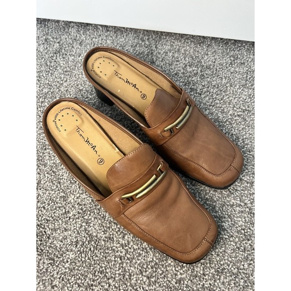 Thom Mcan Leather Heel Slip On Loafer mule Women’s 9 Gold Detail Block Heel - Picture 10 of 13